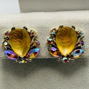 Vintage BSK Molded Glass Earrings Topaz AB Rhinestones